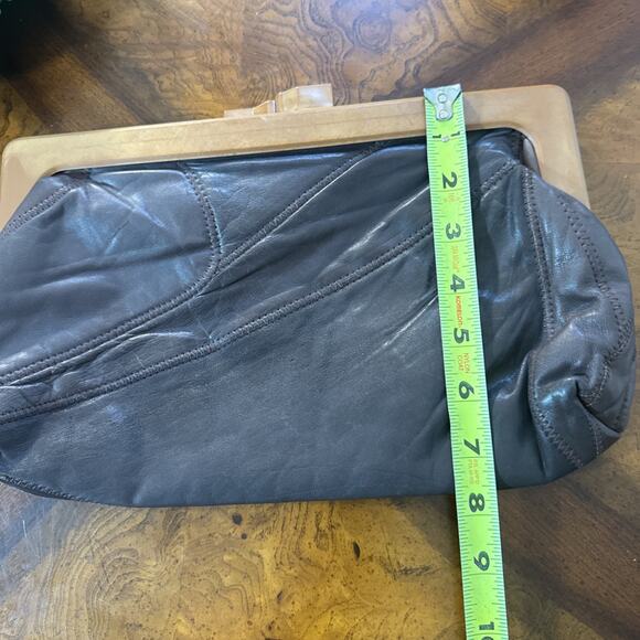 Vintage 1970’s Black Leather Patchwork Clutch Purse Hong Kong Bakelite Handle - Picture 7 of 9